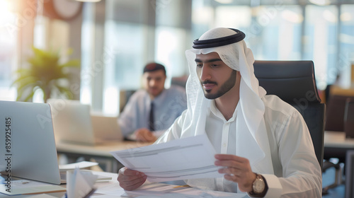A young handsome Middle eastern Arab man was working on document in his office, looking at a laptop, talking on a video call, bill and agreement in hand