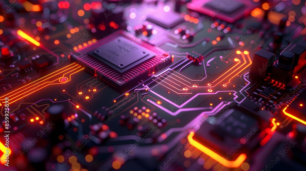 Close-Up of Neon-Lit Microchip Circuit Interior of a Computer in Detailed Circuit Board Generative AI Close-Up of Neon-Lit Microchip Circuit Interior of a Computer in Detailed Circuit Board Generative AI