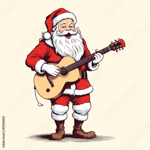 Santa Claus Playing Guitar Vintage Illustration