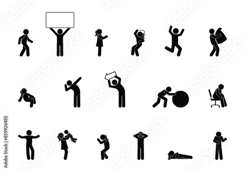 set of silhouettes, stick figure man, people icon
