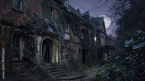 A hauntingly eerie Victorian mansion, abandoned and overgrown with ivy, stands under the full moons illumination AIG59