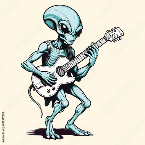 Whimsical Alien Guitarist Cartoon Illustration