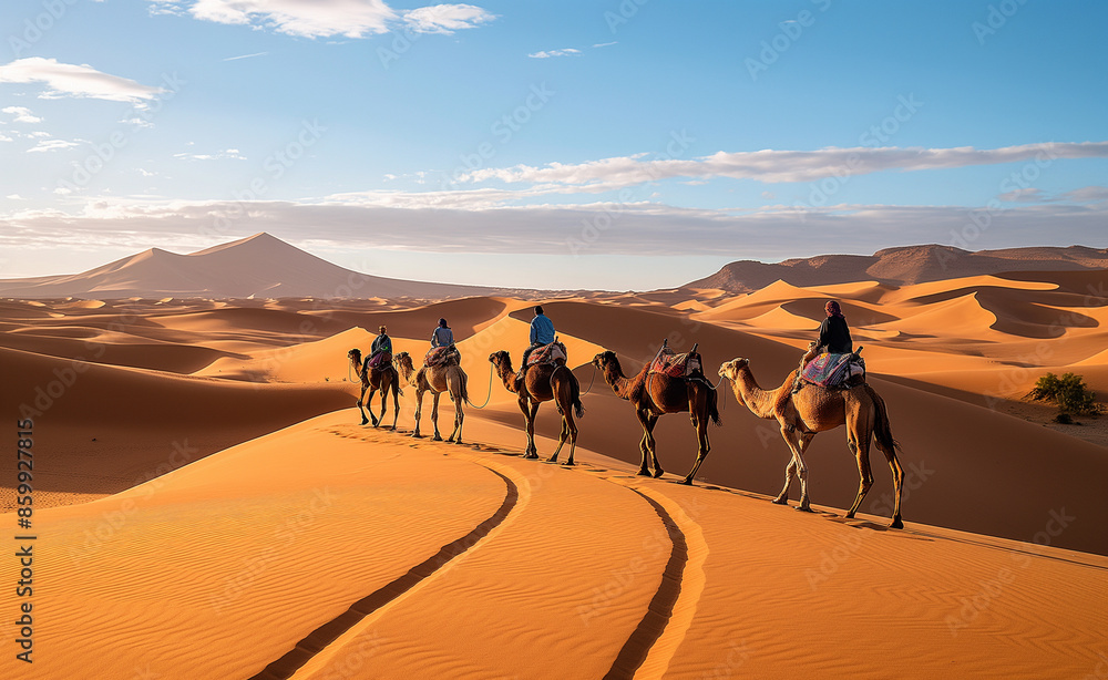 Fototapeta premium Caravan of camels traveling through desert dunes at sunset.