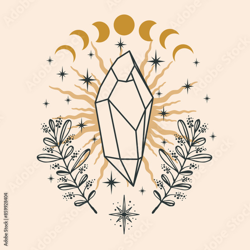 Mystical crystal with stars and herbs. Stars, moon, crystals. Hand drawn astrology symbol. For print for T-shirts and bags, decor element.