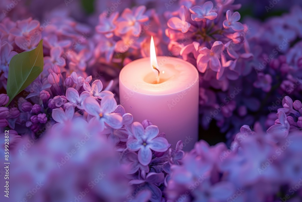Scented candle surrounded by lavender decorations. Cozy atmosphere of comfort and relaxation Scented candle surrounded by lavender decorations. Cozy atmosphere of comfort and relaxation