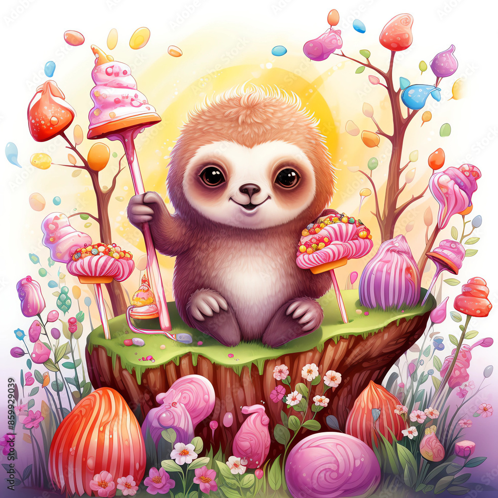 Naklejka premium A cute cartoon baby sloth sitting on top of an old tree stump surrounded by candy, lollipops and mushrooms