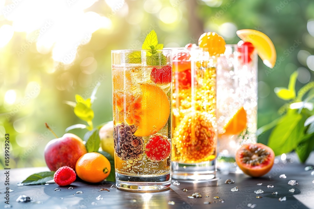 Refreshing fruit-infused sparkling water surrounded by fresh ber Refreshing fruit-infused sparkling water surrounded by fresh ber