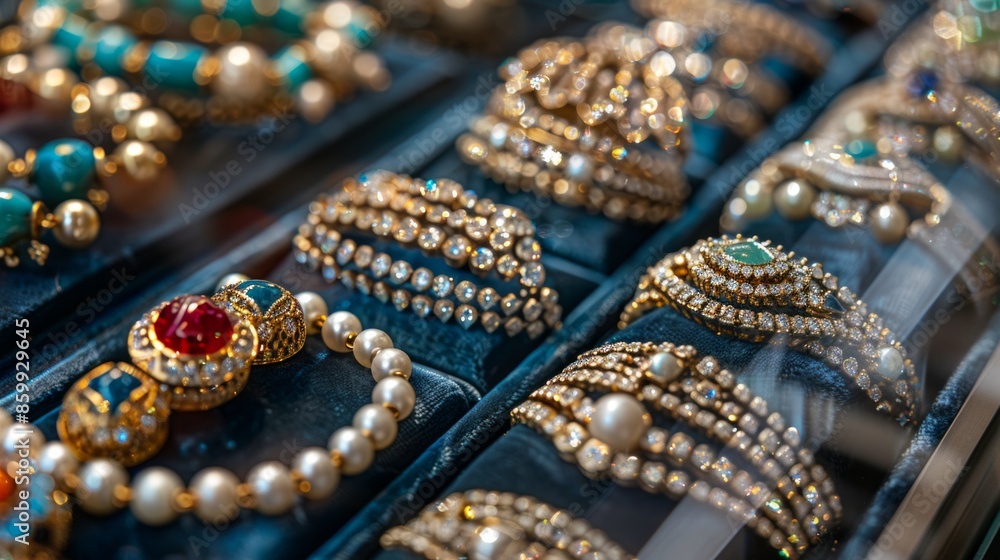 Luxurious Jewelry Display with Gold, Pearls, and Gemstones in Elegant Setting Luxurious Jewelry Display with Gold, Pearls, and Gemstones in Elegant Setting