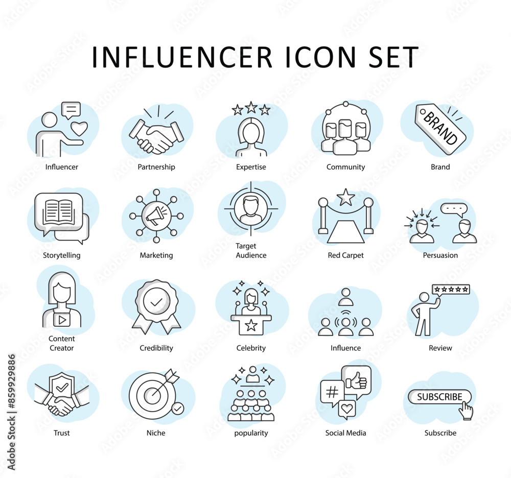 Influencer Icon Collection: Target Audience, Content Creation, and Trust with editable stroke. Influencer Icon Collection: Target Audience, Content Creation, and Trust with editable stroke.