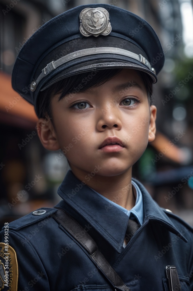 Young boy dressed in a police uniform looking intently at the camera Young boy dressed in a police uniform looking intently at the camera