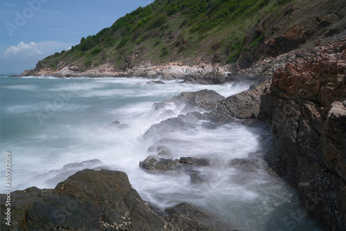 Waves crashing against the rocky shore