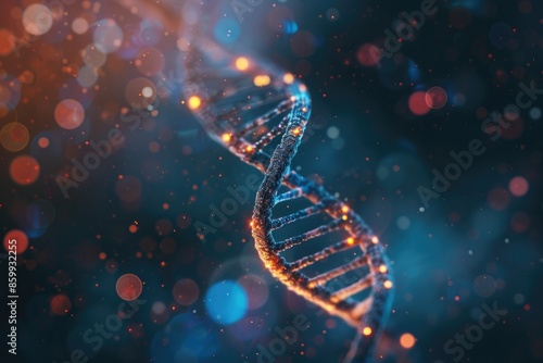 3D rendering of a double helix DNA structure on a dark background with a bokeh light effect. photo