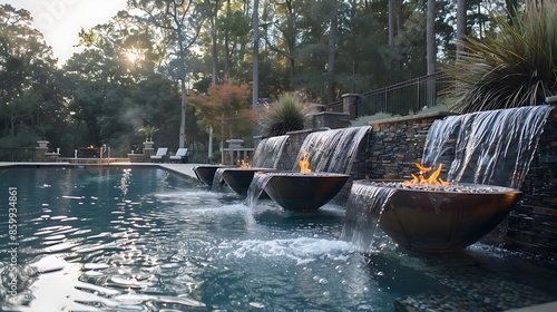 A fire pots and water fall highlight the many features of the custom pool photo