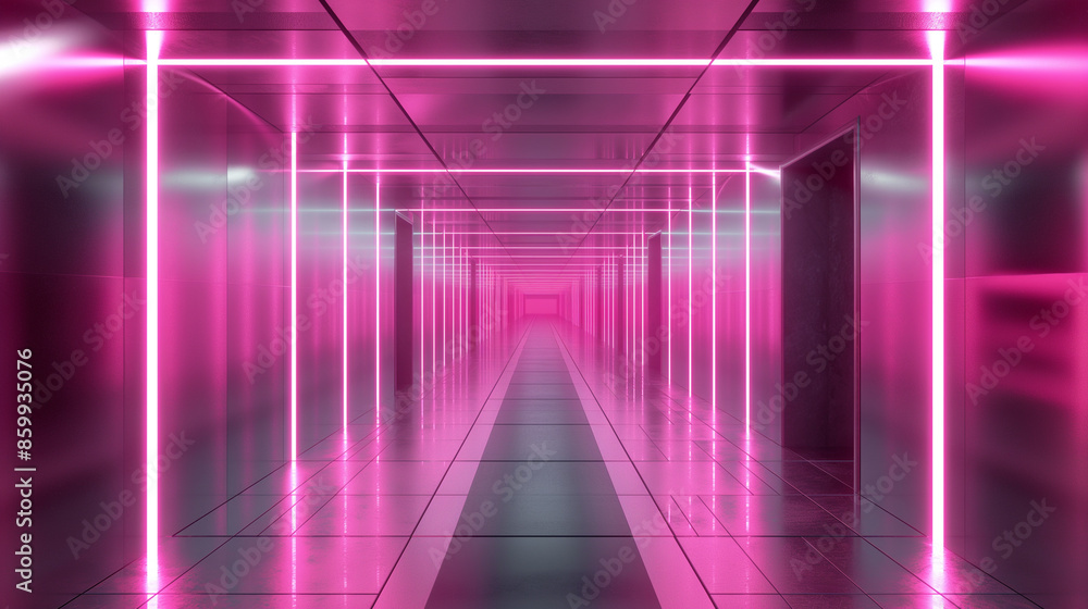 Futuristic pink hallway with reflective surfaces and neon lights. Futuristic pink hallway with reflective surfaces and neon lights.