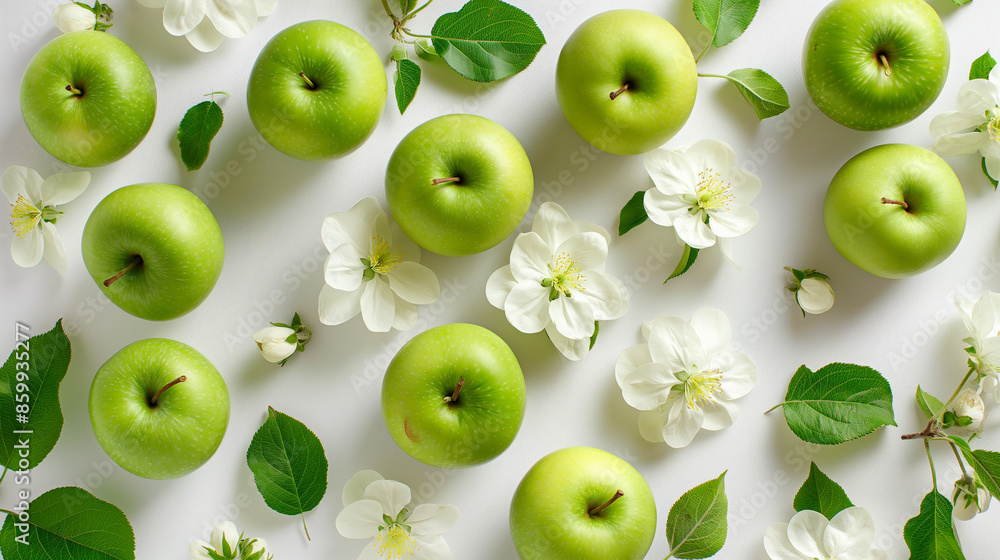 Green apples and white flowers arranged on a white background. Green apples and white flowers arranged on a white background.
