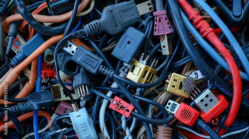 A pile of various used tech peripheral cables connectors and plugs including universal standards for computers audio and video cables e waste concept photo