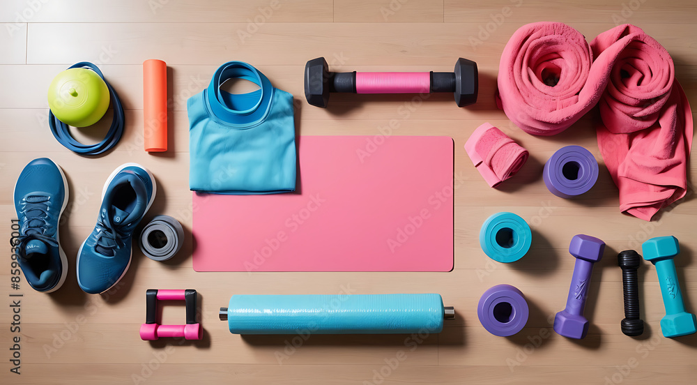 A top-view shot of fitness gear arranged on a gym floor or yoga mat. Arrange items such as dumbbells, resistance bands, yoga blocks, water bottle, and towel in an organized manner, leaving space for w A top-view shot of fitness gear arranged on a gym floor or yoga mat. Arrange items such as dumbbells, resistance bands, yoga blocks, water bottle, and towel in an organized manner, leaving space for w
