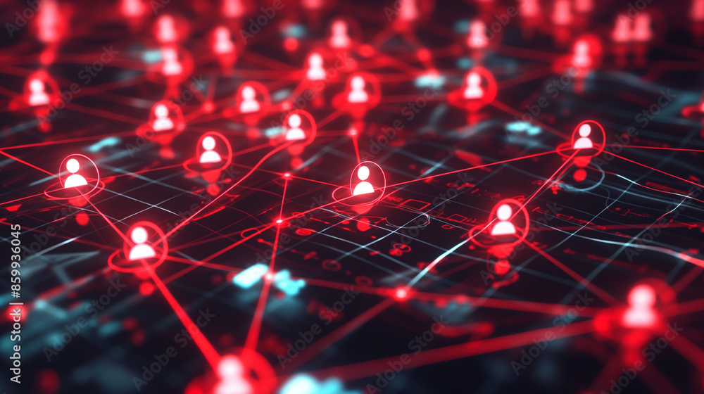 Digital network with red glowing user icons connected by lines. Digital network with red glowing user icons connected by lines.