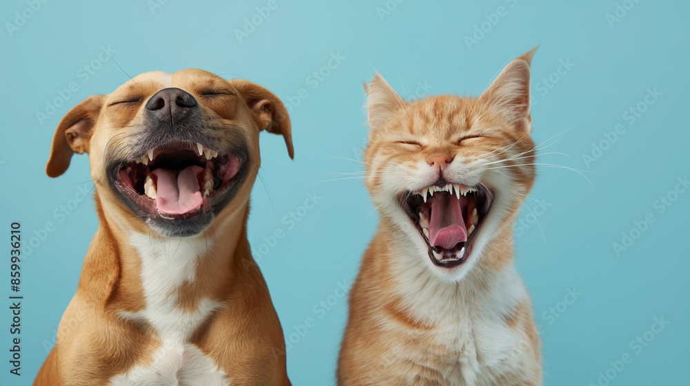 Obraz premium Dog and cat laughing together in front of a blue background. 