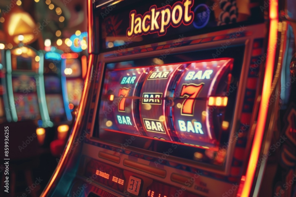 Close-up view of a slot machine with glowing neon lights and reflective surfaces, featuring icons like bars and cherries. Close-up view of a slot machine with glowing neon lights and reflective surfaces, featuring icons like bars and cherries.