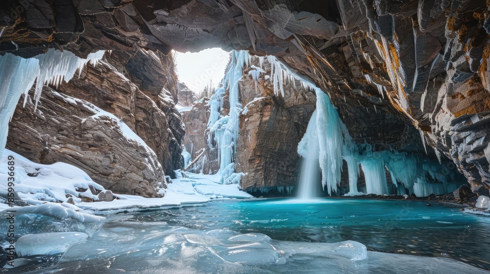 Naklejka premium Ice caves, glacial lagoons, frozen waterfalls