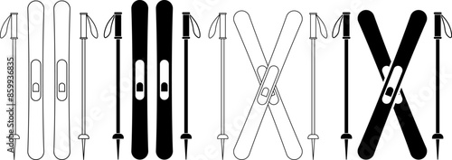 outline silhouette ski and sticks icon set