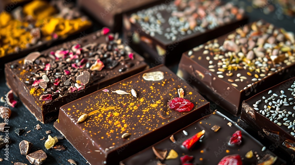 Artisan chocolates with different dried fruits,seeds and herbs Artisan chocolates with different dried fruits,seeds and herbs