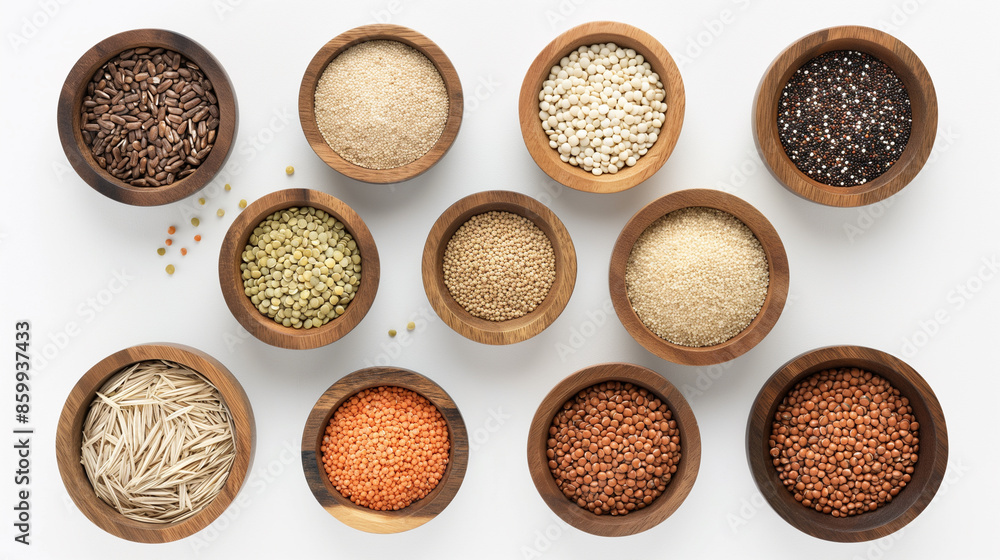 Various grains and seeds in wooden bowls with wheat stalks on white background. Various grains and seeds in wooden bowls with wheat stalks on white background.
