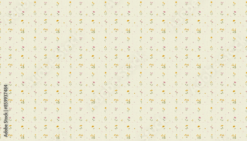 A pattern that features small flowers in square grid in pastel colors on cream linen fabric, each grid contains one flower from various varieties