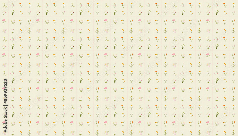 A pattern that features small flowers in square grid in pastel colors on cream linen fabric, each grid contains one flower from various varieties A pattern that features small flowers in square grid in pastel colors on cream linen fabric, each grid contains one flower from various varieties