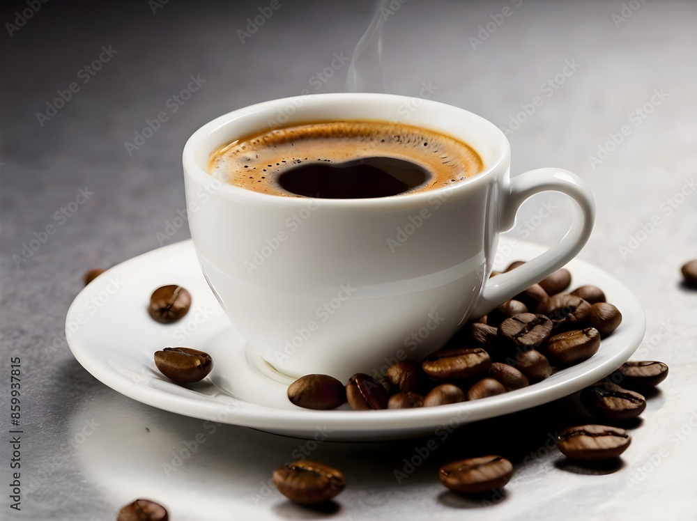 Americano coffee in white cup with coffee beans