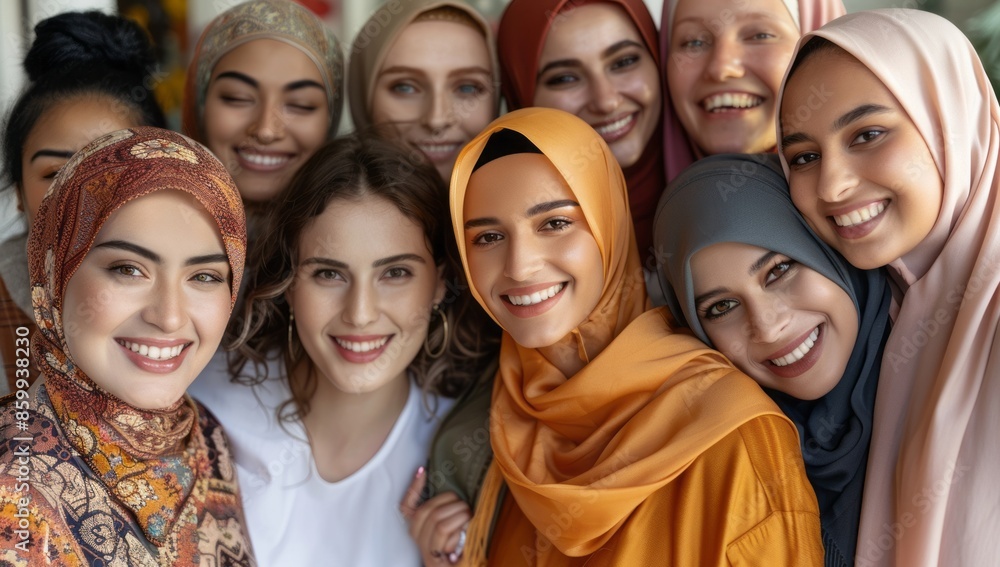 Diverse group of women in hijabs smiling together Diverse group of women in hijabs smiling together