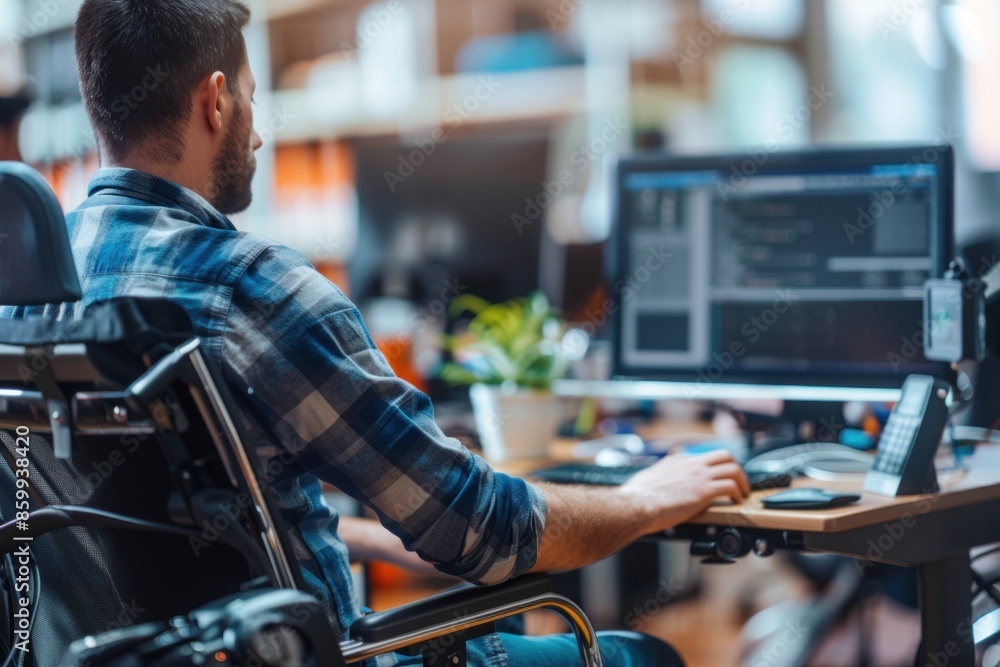 A Caucasian man in a wheelchair working at a computer desk in a modern office environment. A Caucasian man in a wheelchair working at a computer desk in a modern office environment.