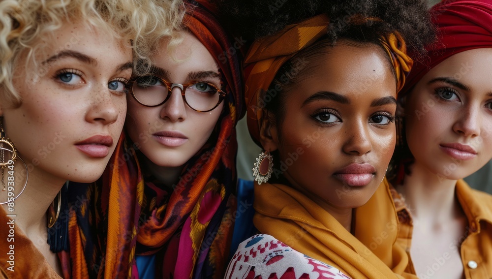 Diverse women with headscarves posing together Diverse women with headscarves posing together