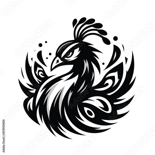 peacock mascot logo in black and white silhouette