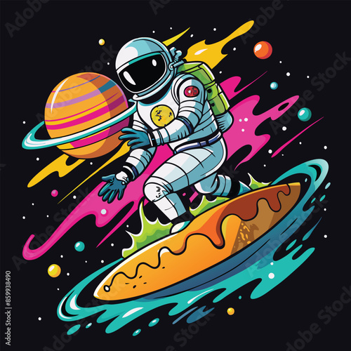 Skating astronaut graphic t-shirt design ready for print, spaceman symbol, outer space, moon. vector illustration