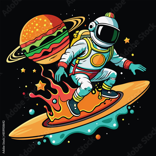 Skating astronaut graphic t-shirt design ready for print, spaceman symbol, outer space, moon. vector illustration