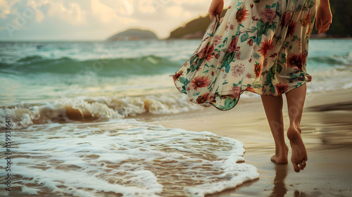 Girl wearing floral maxi skirt walking barefoot on the sea shore Thailand Phuket Bohemian clothing style : Generative AI