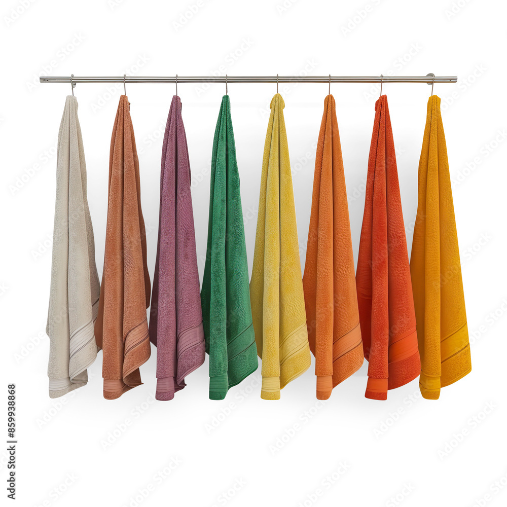 Symmetrical Array of Vibrant Towels on Stylish Metal Rack | Transparent Background Symmetrical Array of Vibrant Towels on Stylish Metal Rack | Transparent Background