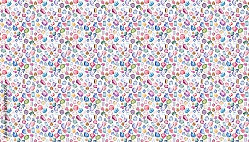 A pattern of colorful gemstones scattered on white background, arranged in random patterns, with no clear outline or shape