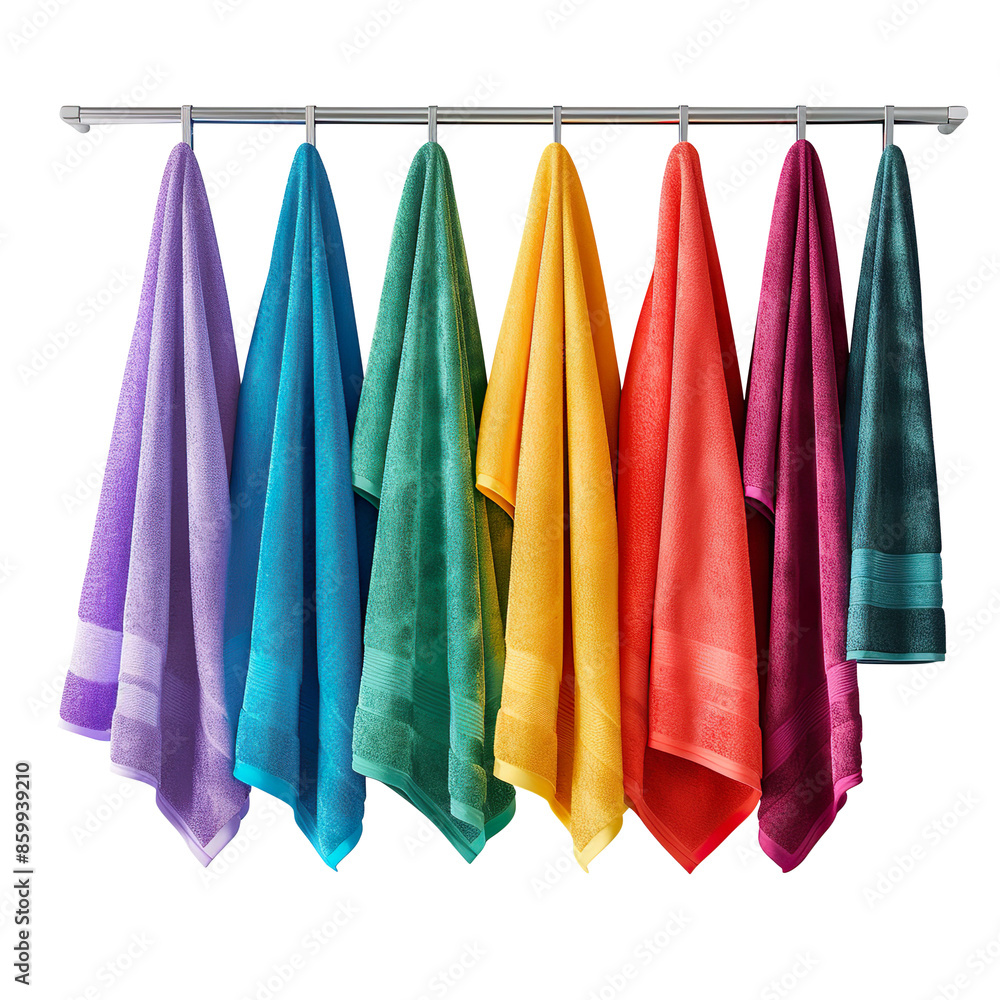Symmetrical Array of Vibrant Towels on Stylish Metal Rack | Transparent Background Symmetrical Array of Vibrant Towels on Stylish Metal Rack | Transparent Background
