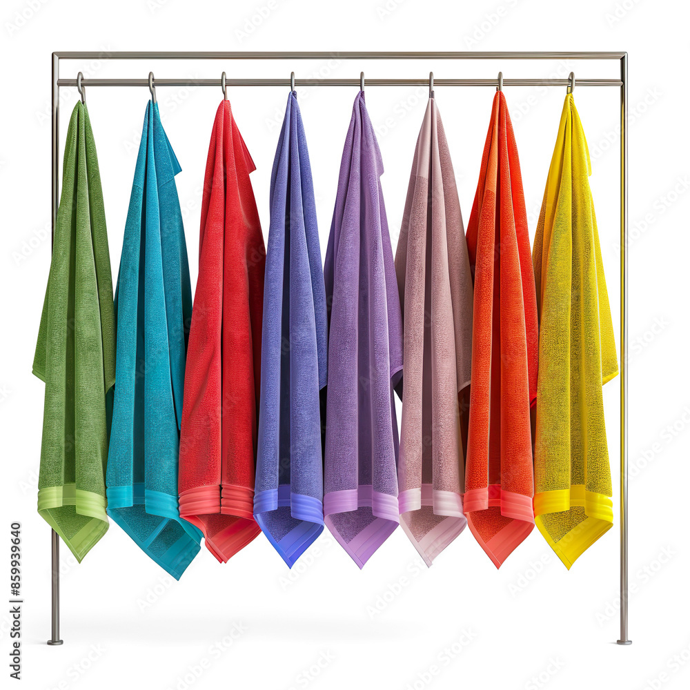 Symmetrical Array of Vibrant Towels on Stylish Metal Rack | Transparent Background Symmetrical Array of Vibrant Towels on Stylish Metal Rack | Transparent Background