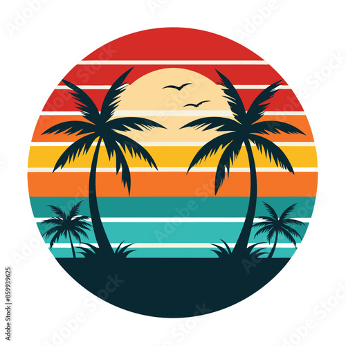 summer paradise stylish t-shirt and apparel trendy design with palm trees silhouettes, typography, print, vector illustration. Global swatches.