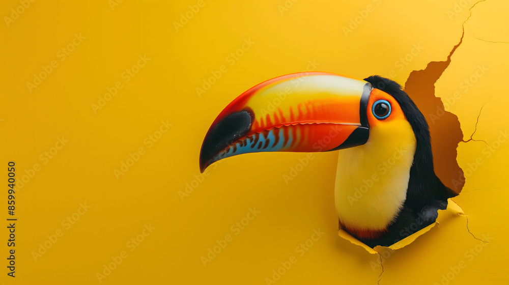 Fototapeta premium Vibrant Toucan Peeking Through A Torn Yellow Paper Background