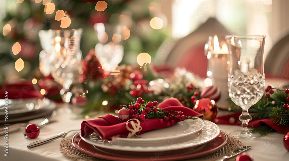 Christmas holiday dining table elegant place setting very shallow depth Christmas holiday dining table elegant place setting very shallow depth