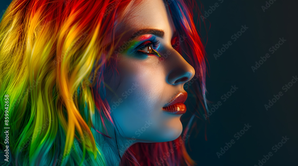 Naklejka premium Beautiful woman with multicolored hair and creative make up and hairstyle Beauty face : Generative AI