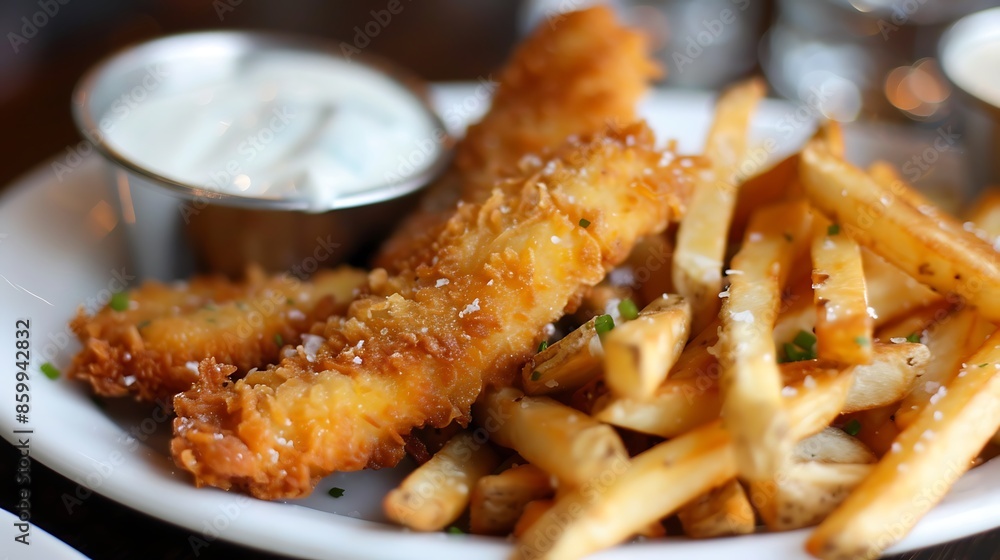 Crispy fish sticks and steak cut fries and tarter sauce Crispy fish sticks and steak cut fries and tarter sauce