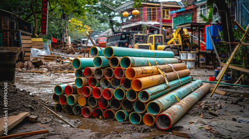 Construction site, PVC pipes for sewerage pipeline, plumbing materials for repair.