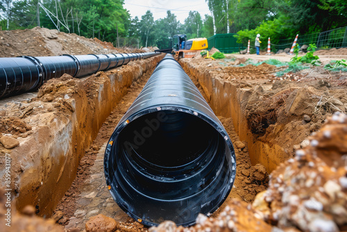 Construction site, PVC pipes for sewerage pipeline, plumbing materials for repair.