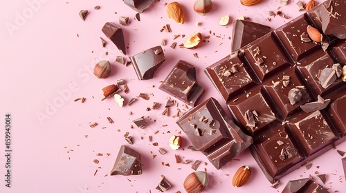 Dark chocolate and huselnuts isolated on pink background photo